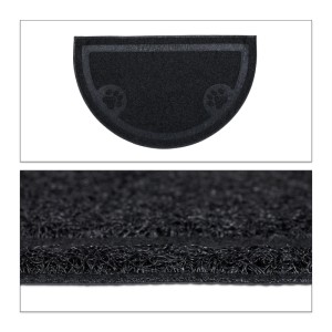 Schwarze, halbrunde Relaxdays Katzenklo Matte aus rutschfestem PVC mit Pfoten-Motiv, 40x59 cm.