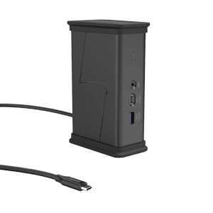 Schwarzer Hama USB-C-Hub Connect2Office, aufrecht stehend, mit sichtbaren USB-A, USB-C und Audio-Anschlüssen.