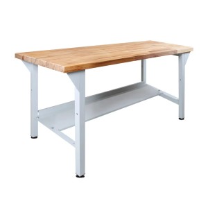 PROREGAL Werkbank Rhino Plus, 150x70cm, mit Buchenplatte und Ablageboden, lichtgraues Gestell.