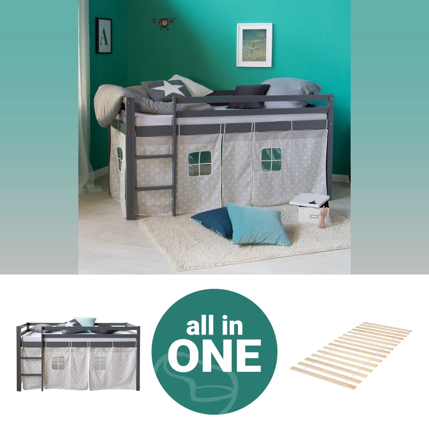 Homestyle4u Hochbett 90x200 mit Vorhang und Lattenrost Grau Sterne 2777