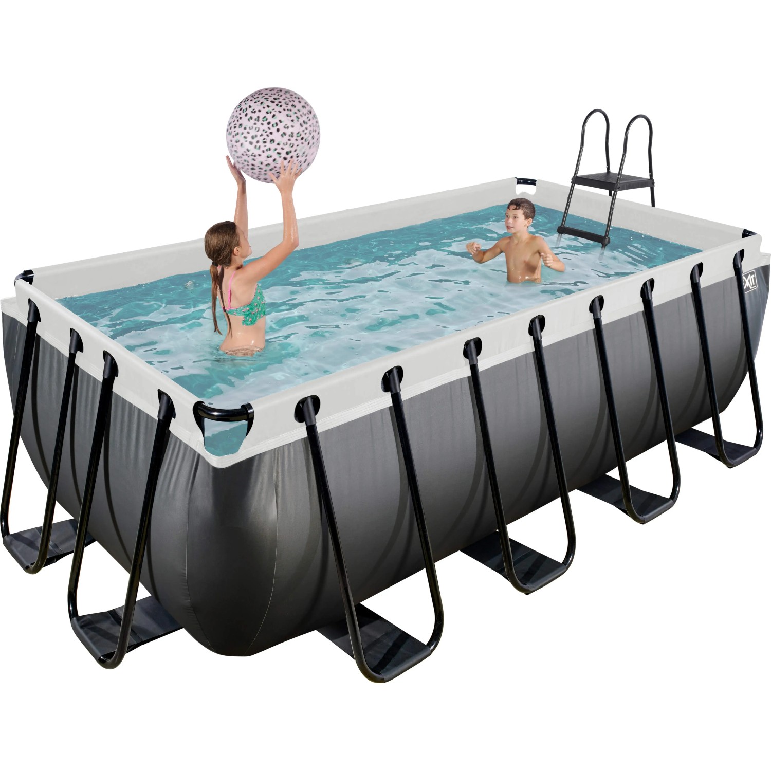 Exit Black Leather Pool, 400x200x122 cm, mit Filterpumpe und Poolleiter. Kinder spielen im Stahlrahmenpool.