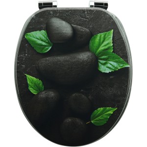 Sanfino WC-Sitz Black Rock mit Absenkautomatik, Holz Toilettendeckel mit Stein- und Blattmotiv.