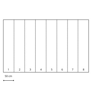 Sanders Fototapete: Schematische Darstellung der 8 Bahnen (je 50cm breit) für das Motiv Bäume in Altrosa/Graublau.