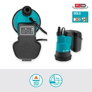 Gardena Akku-Klarwasser-Tauchpumpe 2000/2 18V P4A Solo, Ansicht von oben und seitlich.