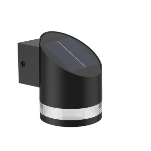 Schwarze Philips Solar-Wandleuchte Fyve mit Tageslichtsensor für den Außenbereich.