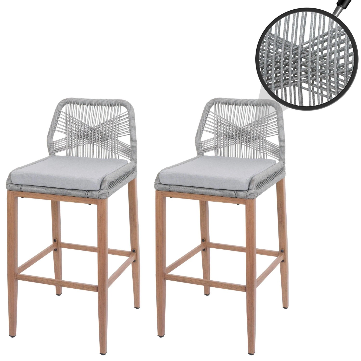 2er Set hellgraue Proregal Barhocker mit Seilgeflecht, Kissen und Holzoptik-Gestell.