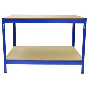 Blaue Monstershop Q Rax Werkbank (100 cm) mit zwei Ablagen aus MDF.