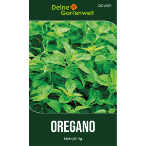 Dunkelgrüne Oregano Samenpackung mit frischen grünen Oreganoblättern und Schriftzug 'OREGANO Mehrjährig'.
