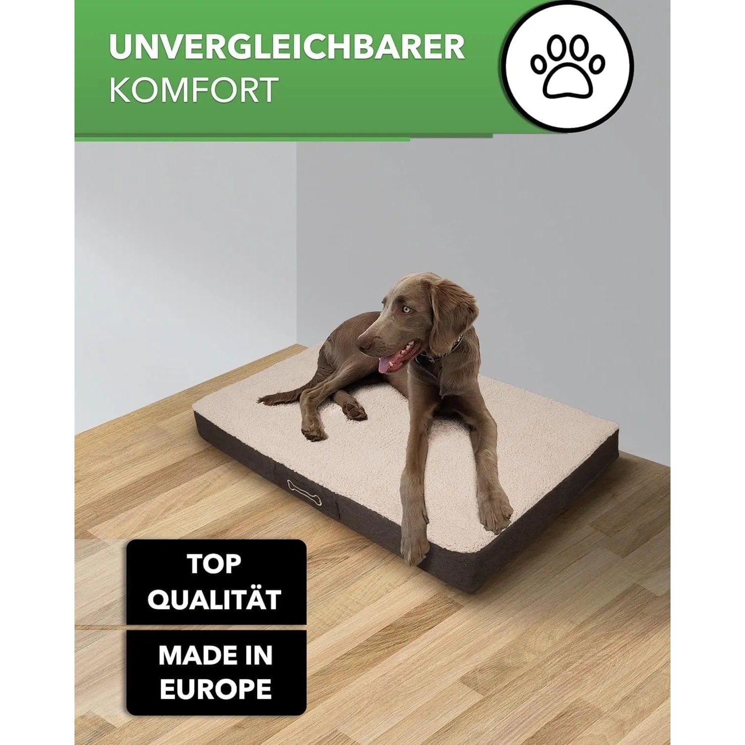 Petsation BENJI orthopädisches Hundebett 120cm mit Hund, braun/beige