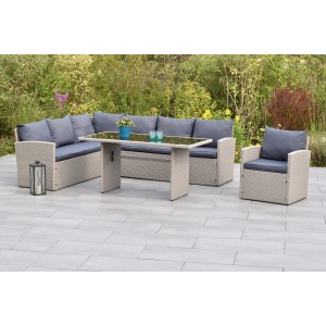 Merxx Lanzarote Garteneck-Set mit grauen Kissen und Tisch mit Glasplatte.