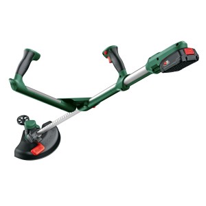 Grüner Bosch Akku-Rasentrimmer UniversalGrassCut 18V-26 mit ergonomischem V-Griff, Schutzbügel und Schneidkopf.