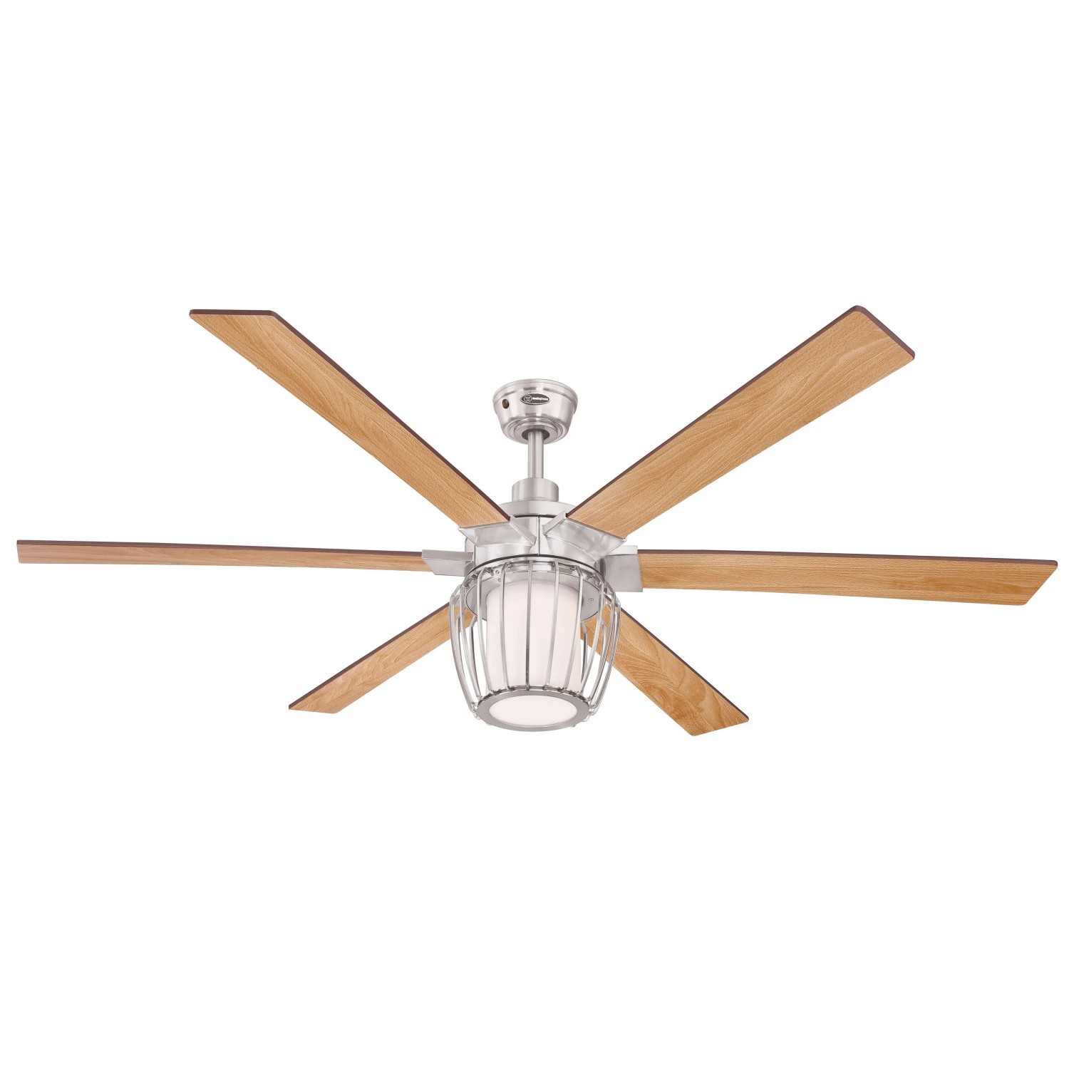 WESTINGHOUSE Deckenventilator Willa 153 cm mit LED-Beleuchtung, Nickel-Finish und Holzflügeln.