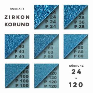 Klingspor Gewebe Schleifband: Nahaufnahme blauer Zirkon Korund Körnungen von 24 bis 120. Ideal für Schleifer Zubehör.