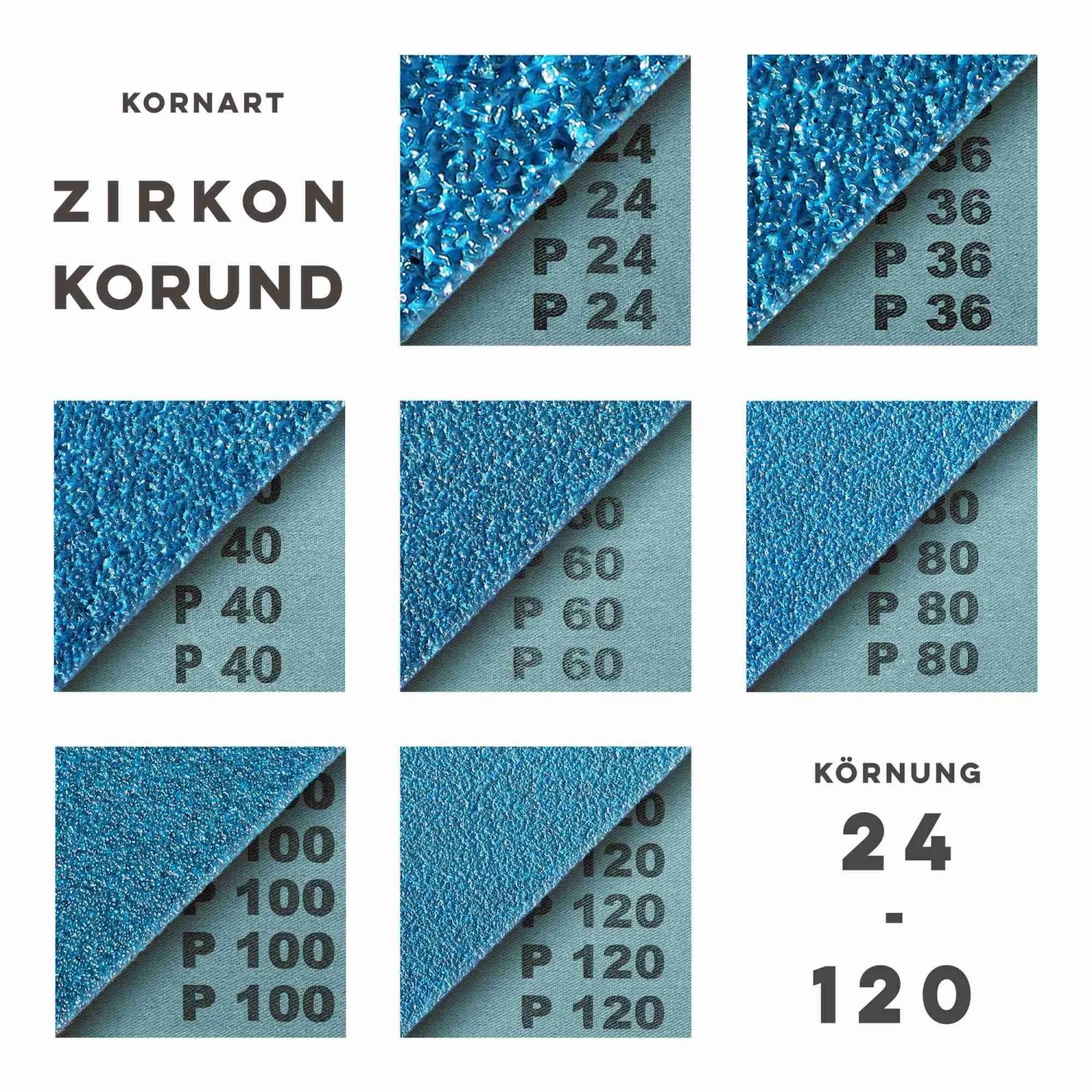 Klingspor Gewebe Schleifband: Nahaufnahme blauer Zirkon Korund Körnungen von 24 bis 120. Ideal für Schleifer Zubehör.