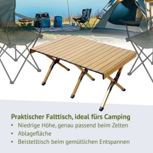 Jawinio Campingtisch klappbar, Holzoptik, Aluminiumbeine, ideal für Camping und Outdoor-Aktivitäten.