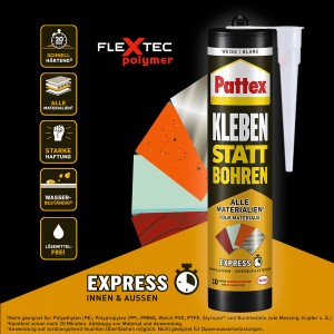 Pattex Montagekleber Express, 390g Kartusche, weiß. Kleben statt Bohren für Innen & Außen.