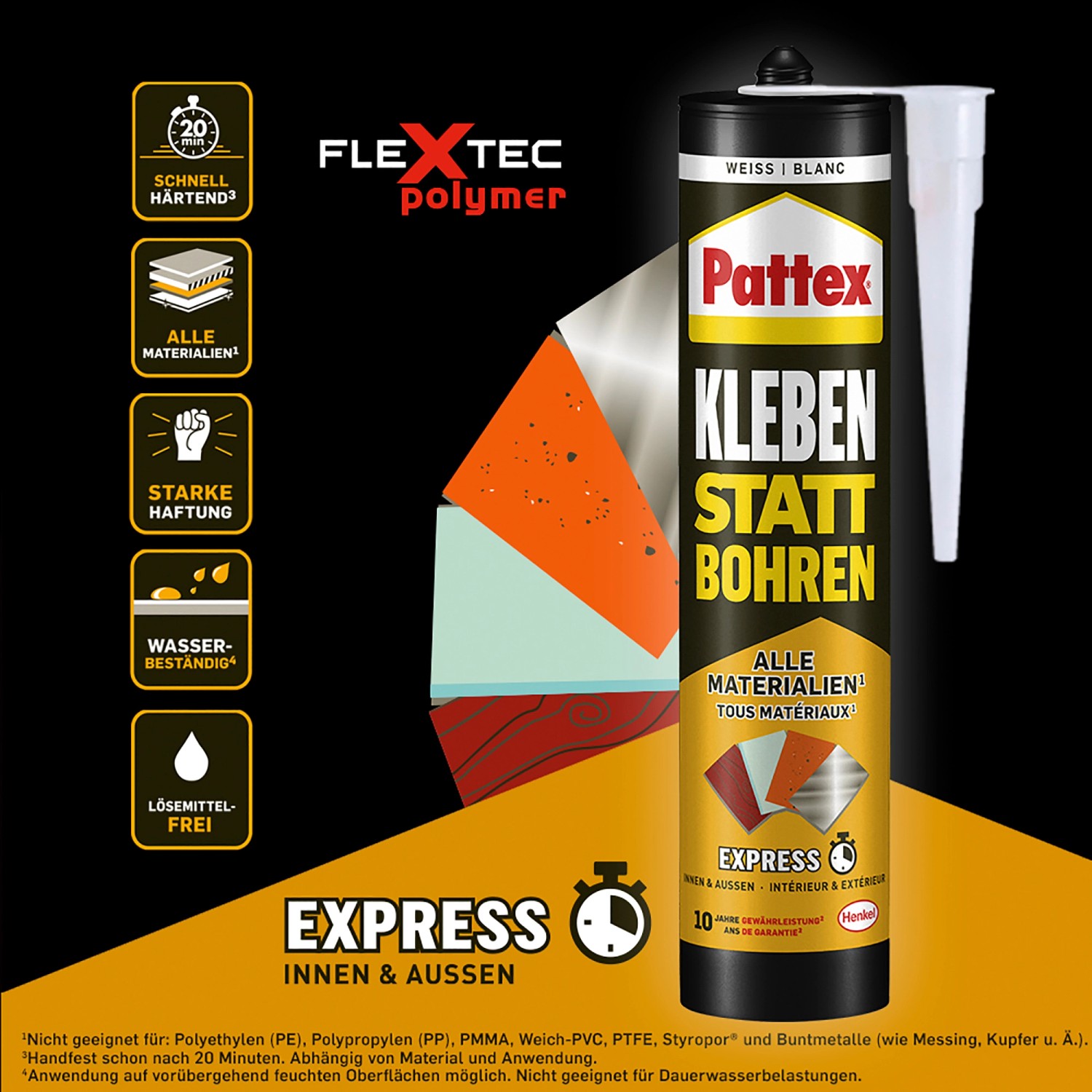 Pattex Montagekleber Express, 390g Kartusche, weiß. Kleben statt Bohren für Innen & Außen.