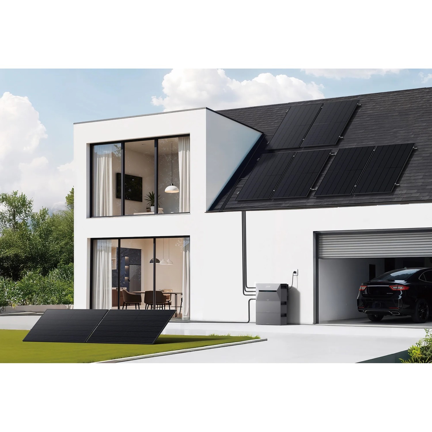 Anker Solix Balkonkraftwerk-Set mit Solarbank, 2.000 W, Smart Meter an modernem Haus.