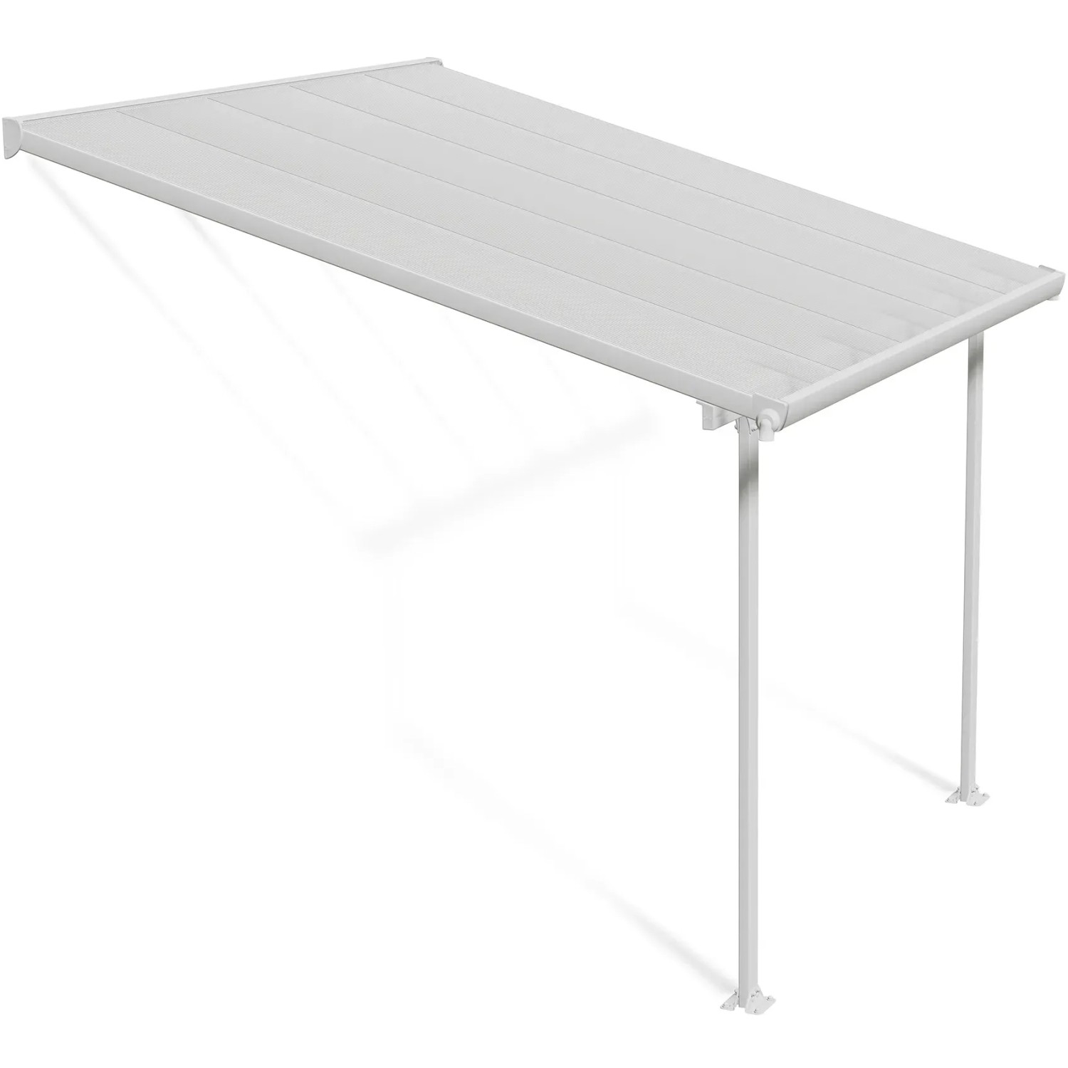 Weiße Palram Canopia Terrassenüberdachung Feria 3x3.05 mit Polycarbonat-Dachplatten und Aluminiumrahmen.