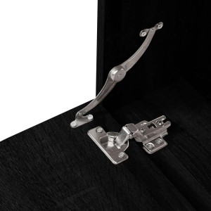 Detailaufnahme: Scharniere und Beschläge des schwarzen vidaXL Badmöbel-Sets.