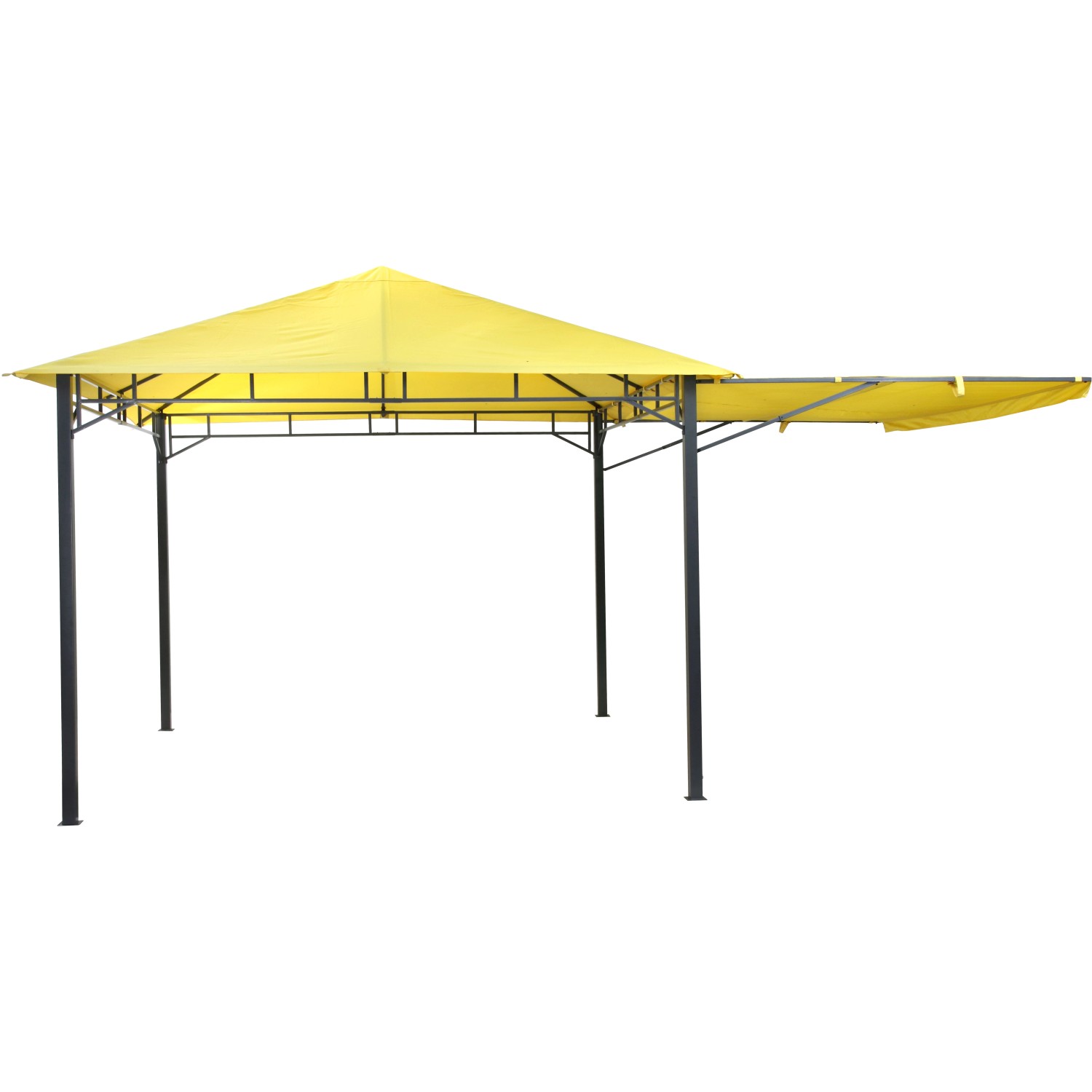 Gelber tepro Pavillon Lehua 330x330 cm mit ausklappbarer Markise für den Garten.