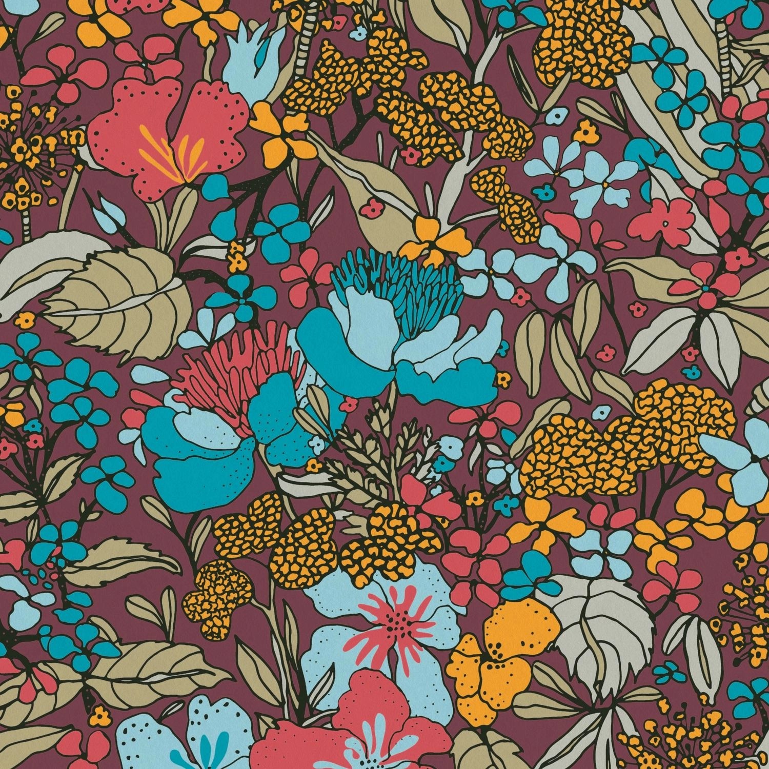 PROFHOME 377563-GU Blumen Tapete Dschungel Matt Rot Türkis-Blau Gelb 0,53 m günstig online kaufen