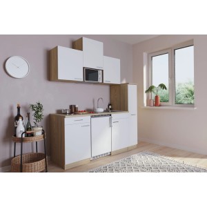 Respekta Küchenzeile KB180ESWMIC, 180 cm, Weiß und Eiche Sägerau Nachbildung mit E-Geräten.