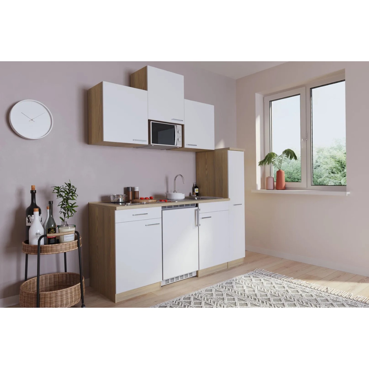Respekta Küchenzeile KB180ESWMIC, 180 cm, Weiß und Eiche Sägerau Nachbildung mit E-Geräten.