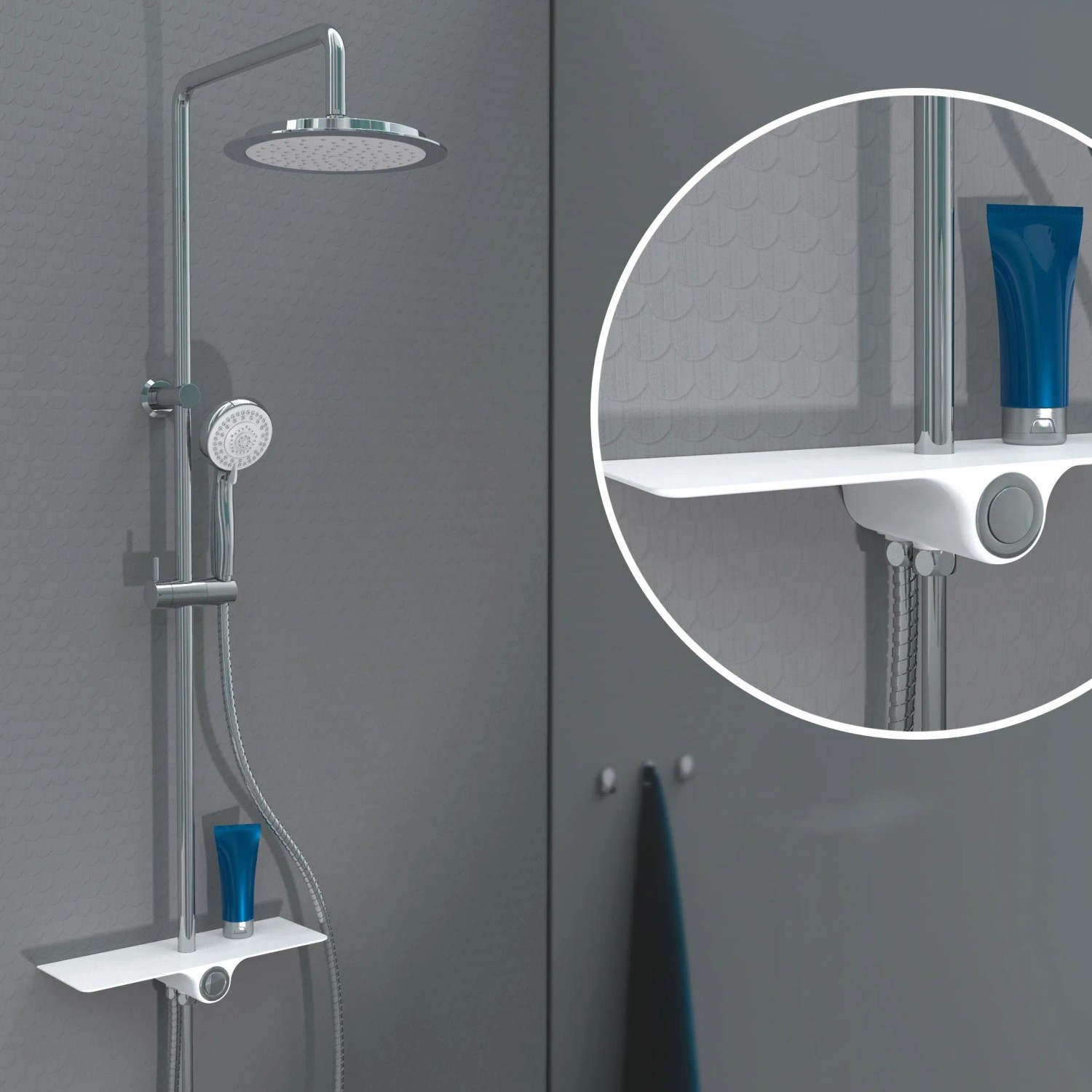 Schütte Aquastar Überkopf-Brauseset mit Kopf- und Handbrause, Ablage und Umsteller in Chrom-Weiß.