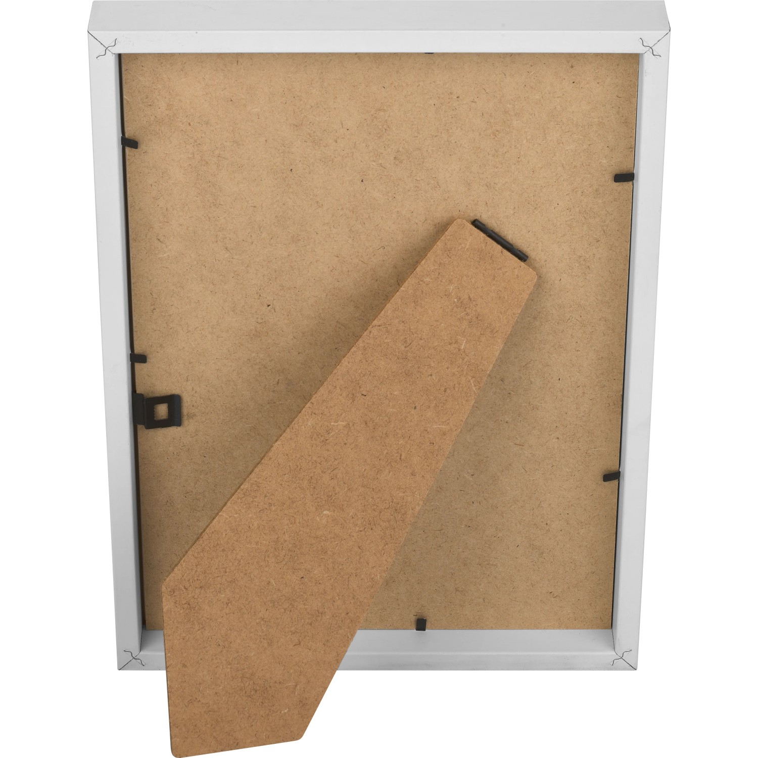 Rückansicht: Weißer MDF-Bilderrahmen (21x29,7 cm) mit Aufsteller für Tisch oder Regal.