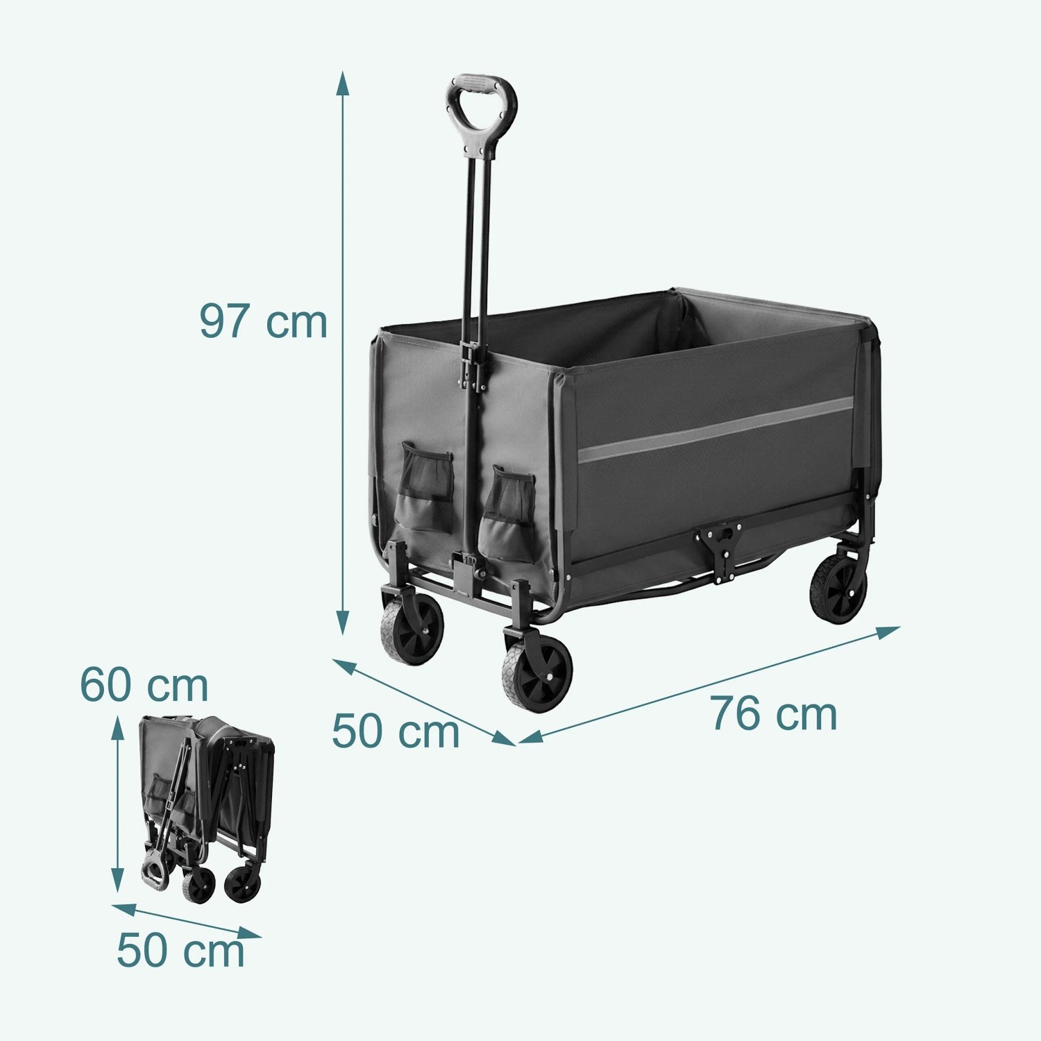 Grauer Relaxdays Faltbollerwagen aus Stahl, ausgeklappt mit Teleskopgriff (97x50x76 cm) und kompakt gefaltet (60x50 cm).