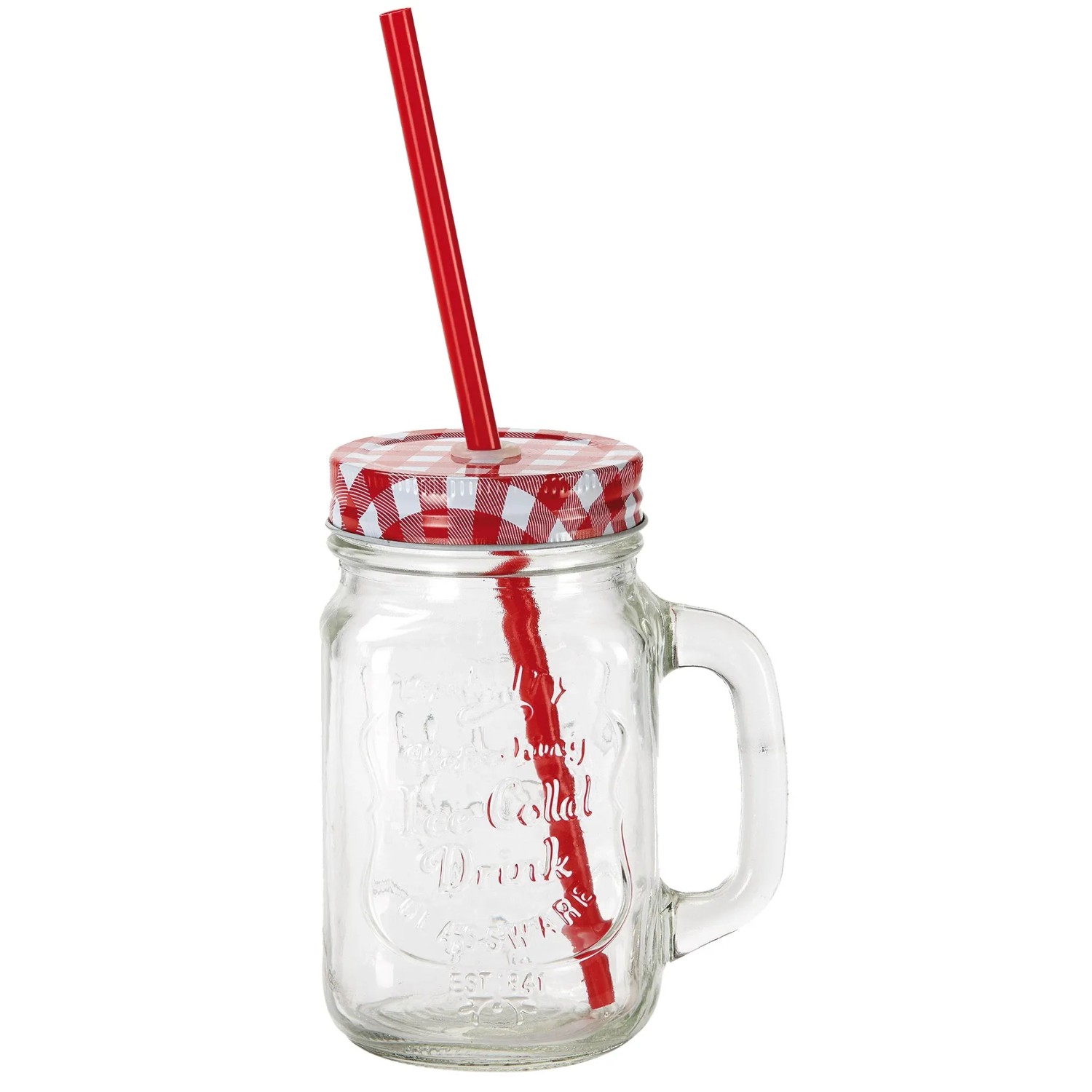Trinkglas 500ml mit Henkel, rot-weiß kariertem Deckel und rotem Trinkhalm.