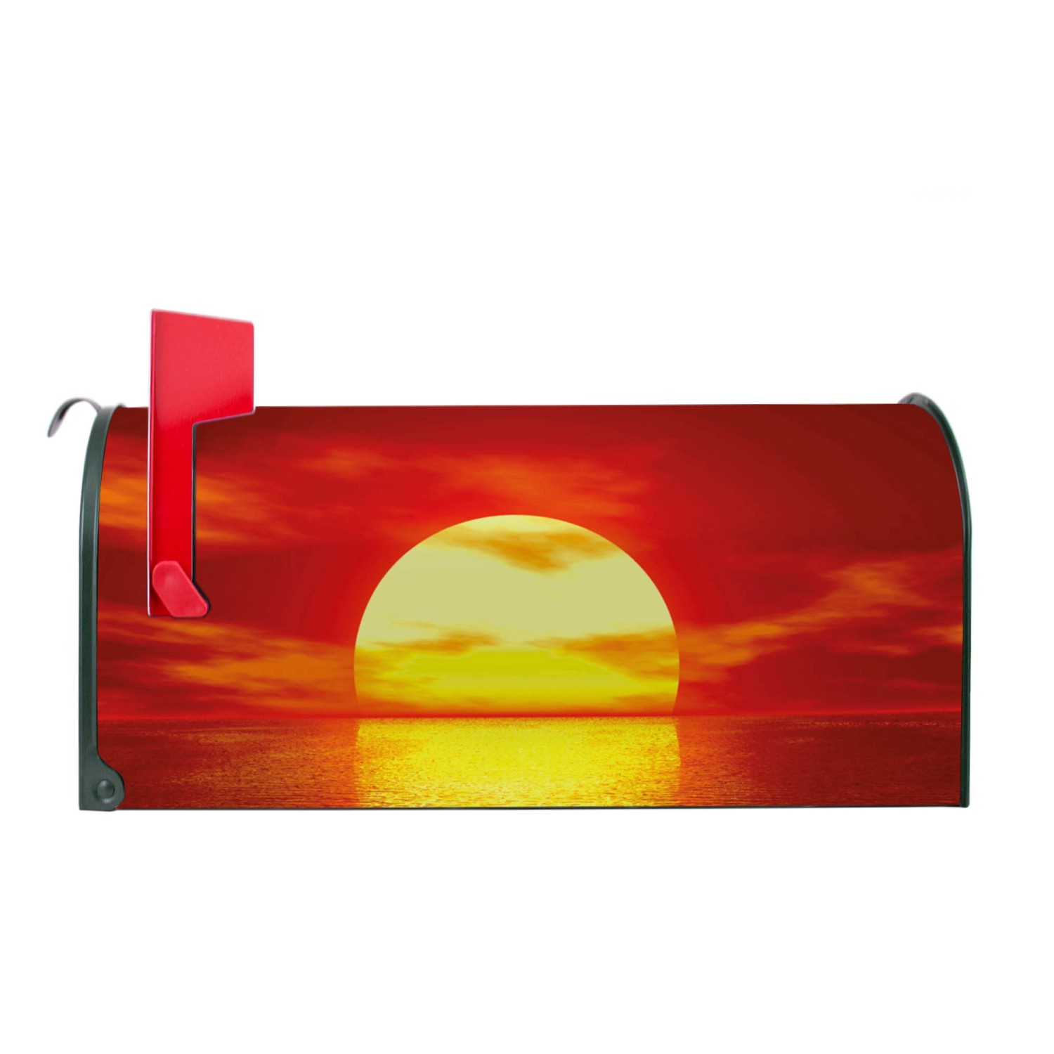 Grüner US Briefkasten mit Sonnenuntergang Motiv. Amerikanischer Postkasten aus Stahl, pulverbeschichtet.