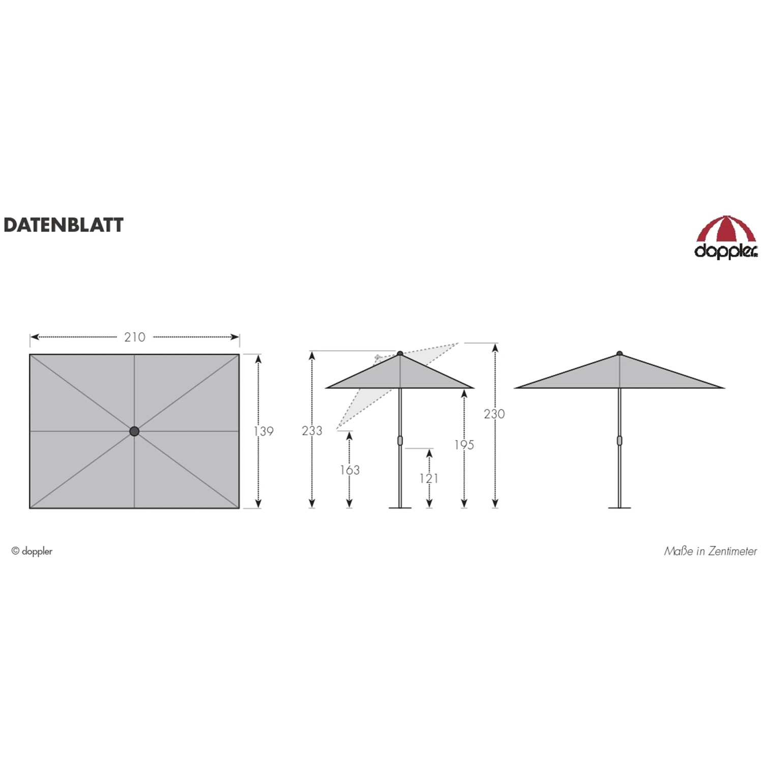 Doppler Marktschirm Active 210x140 cm: Technische Zeichnung mit Maßen und Details.