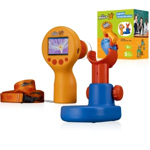 DieMaus Handmikroskop Digital für Kinder, orange, mit Stativ und Zubehör.