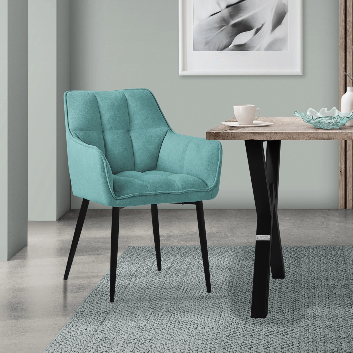 ML-Design Polsterstuhl Petrol mit Frotteebezug und Armlehnen. Esszimmerstuhl mit schwarzen Metallbeinen.