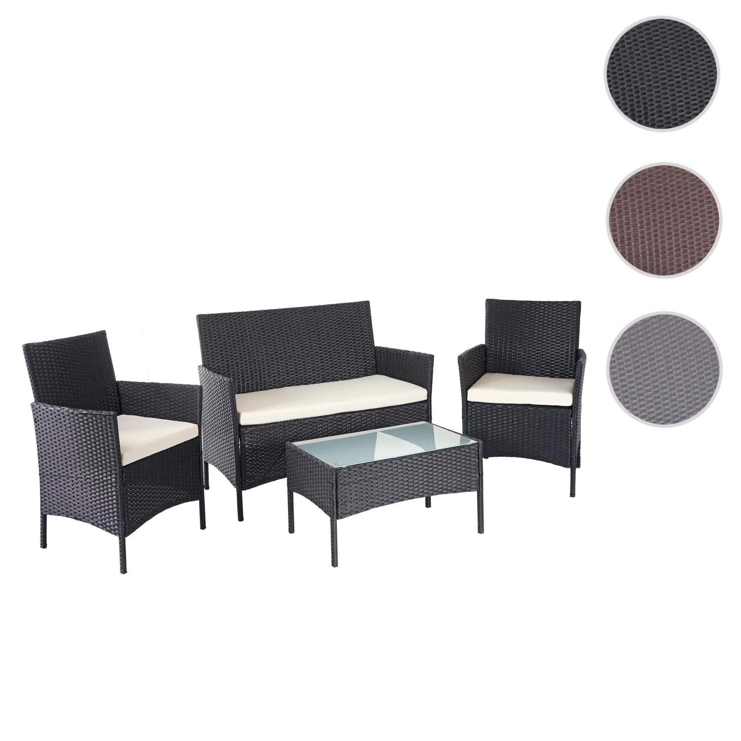 Schwarze 4-teilige Poly-Rattan Lounge-Garnitur mit creme Kissen und Tisch mit Glasplatte.