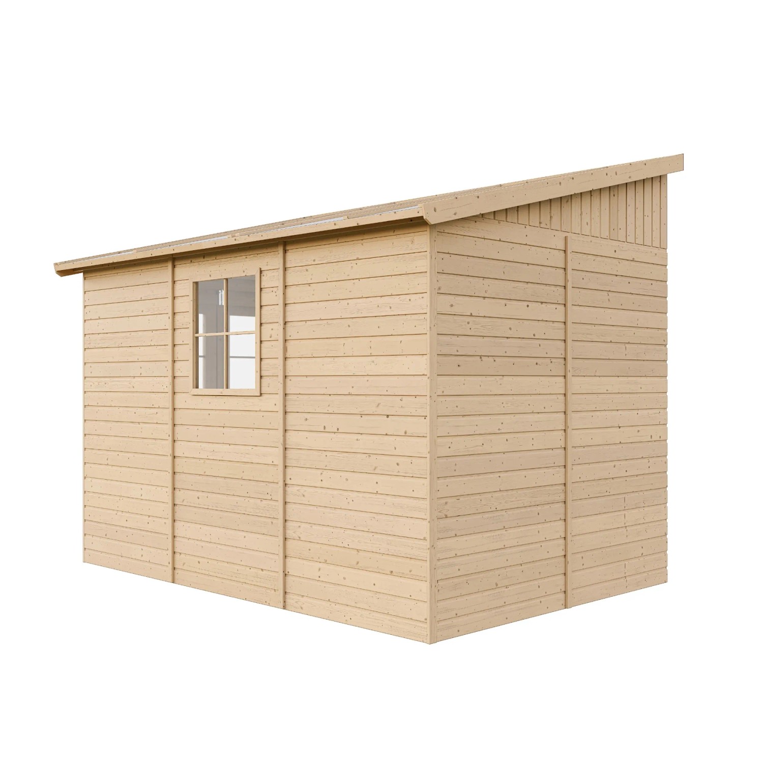 Timbela Anbau-Gartenhaus M339 aus Holz, 6 m², ohne Seitenwand und Boden, mit Fenster.