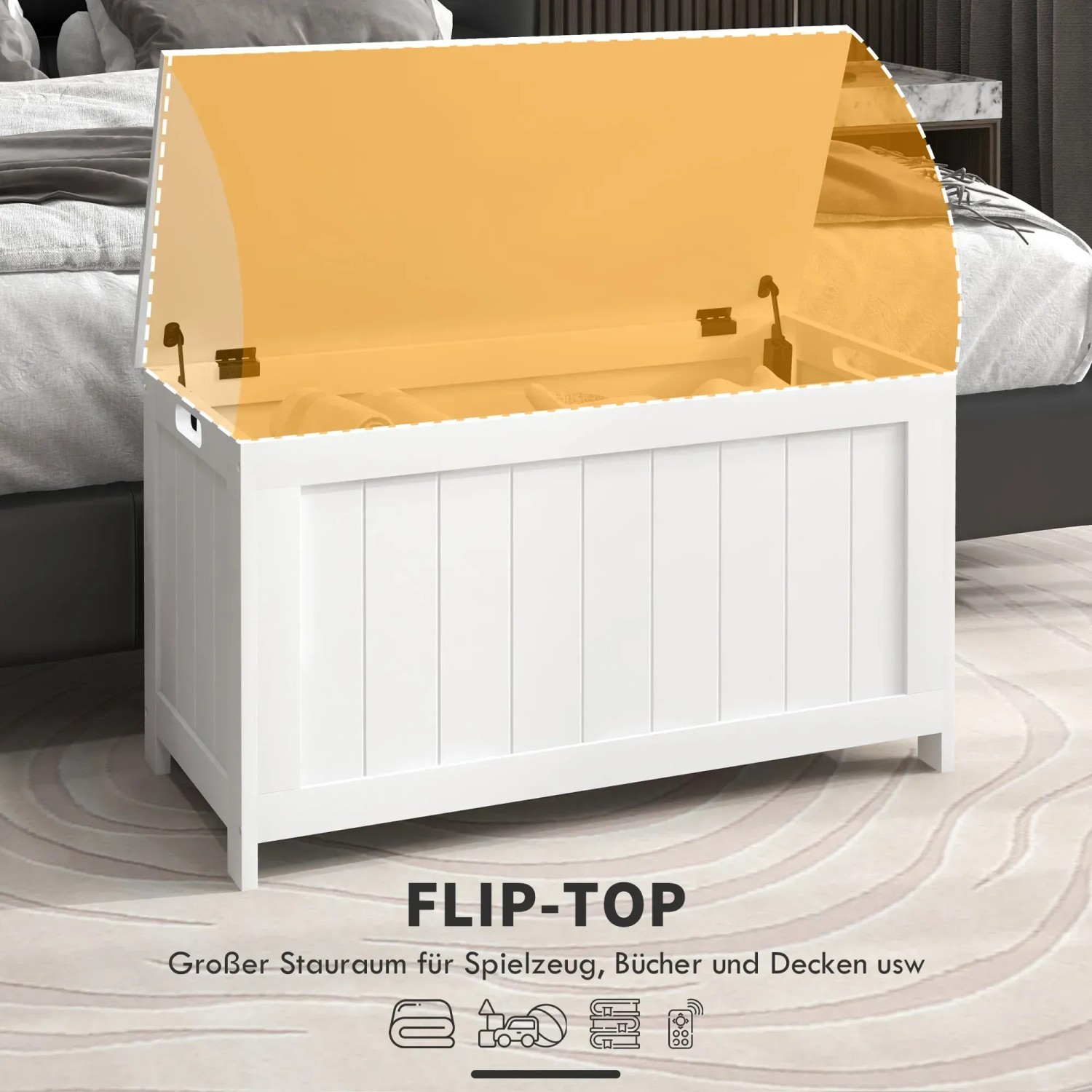 Weiße HOMCOM Aufbewahrungsbox mit offenem Deckel und Griffen, ideal für Ordnung im Kinderzimmer.