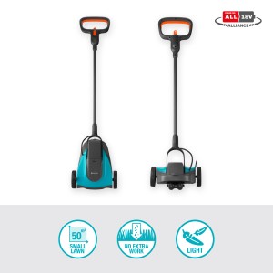 Gardena Akku-Rasenmäher HandyMower, blau/grau, mit Akku und Ladegerät. Wendig und leicht für kleine Gärten.