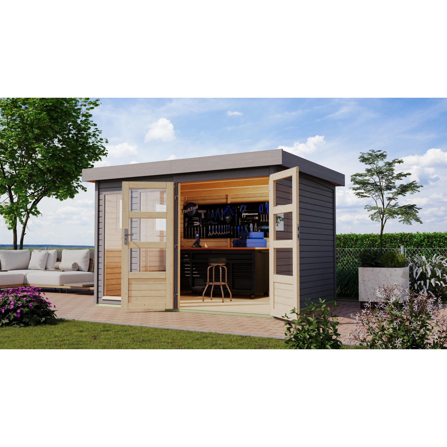 Karibu Gartenhaus Maradi 5, terragrau, mit geöffneten Doppeltüren und Werkbank im Inneren.