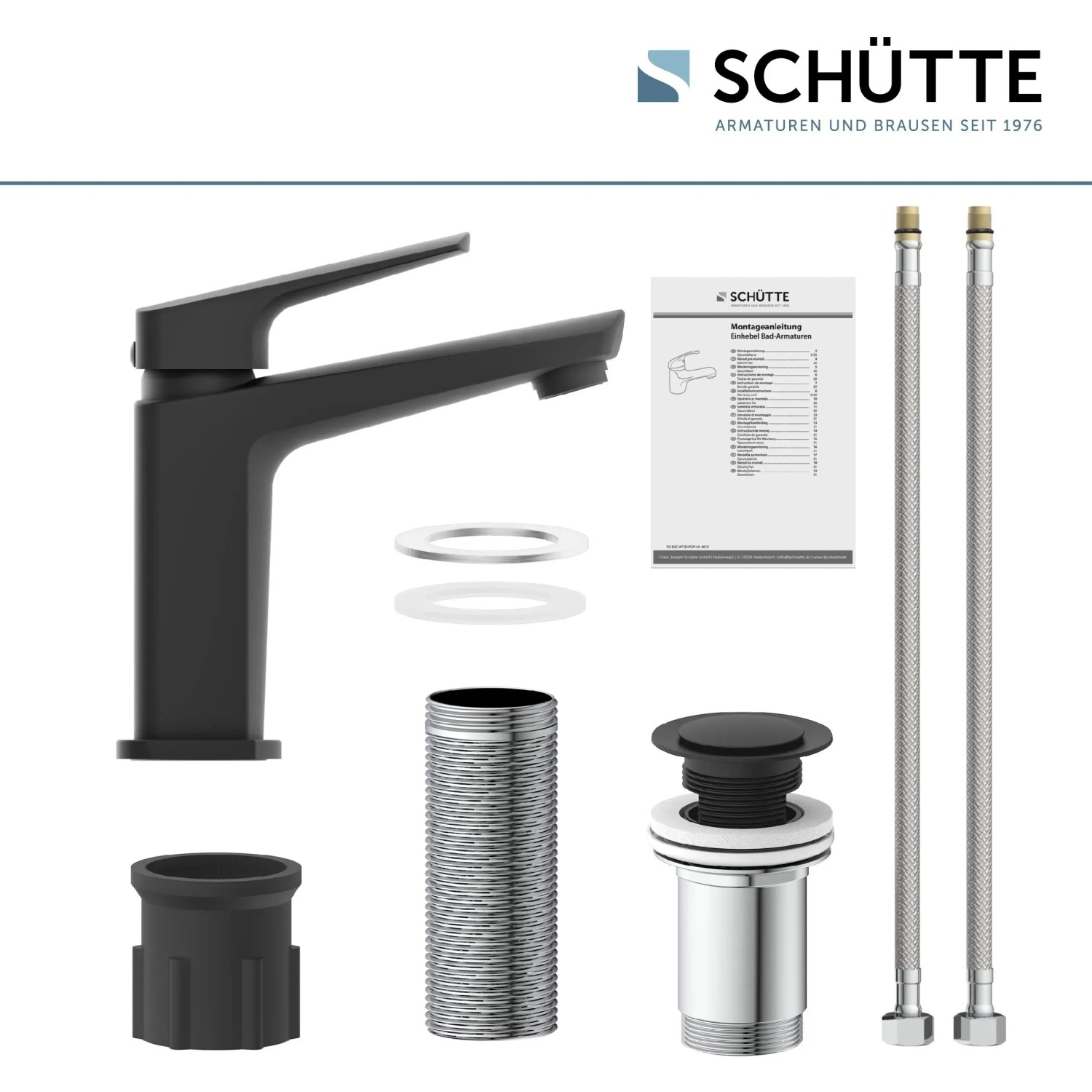 Schütte Waschtischarmatur Raven, Schwarz-Matt, mit Zubehör wie Ablaufgarnitur und Anschlussschläuchen.