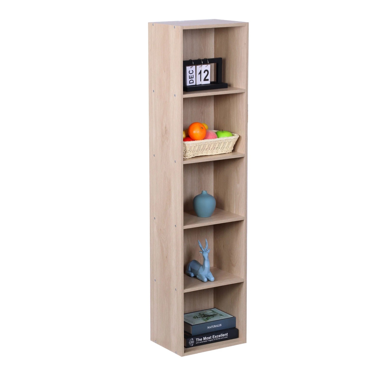 Relaxdays Bücherregal Holzwerkstoff Eiche 5 Fächer Rutschfest Kippsicher 132 cm x 32 cm x 24 cm
