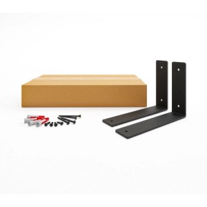 Zwei schwarze HEVVA Regalwinkel FREIBERG (10 cm) aus Stahl mit Schrauben, Dübeln und Verpackung für Wandregale.
