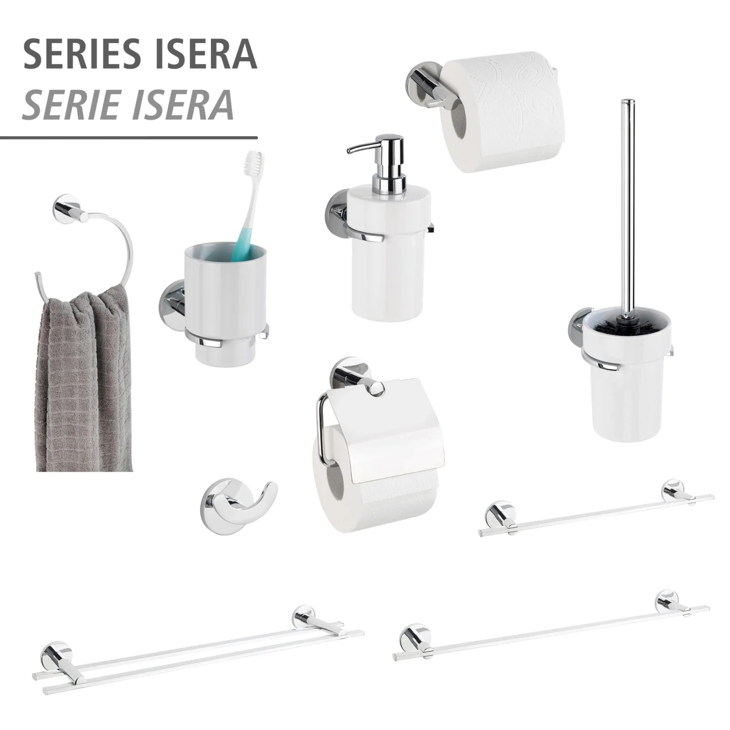 Wenko Bad-Accessoires Isera UV-Loc® Set, silber glänzend: WC-Garnitur, Handtuchhalter, Seifenspender, uvm.