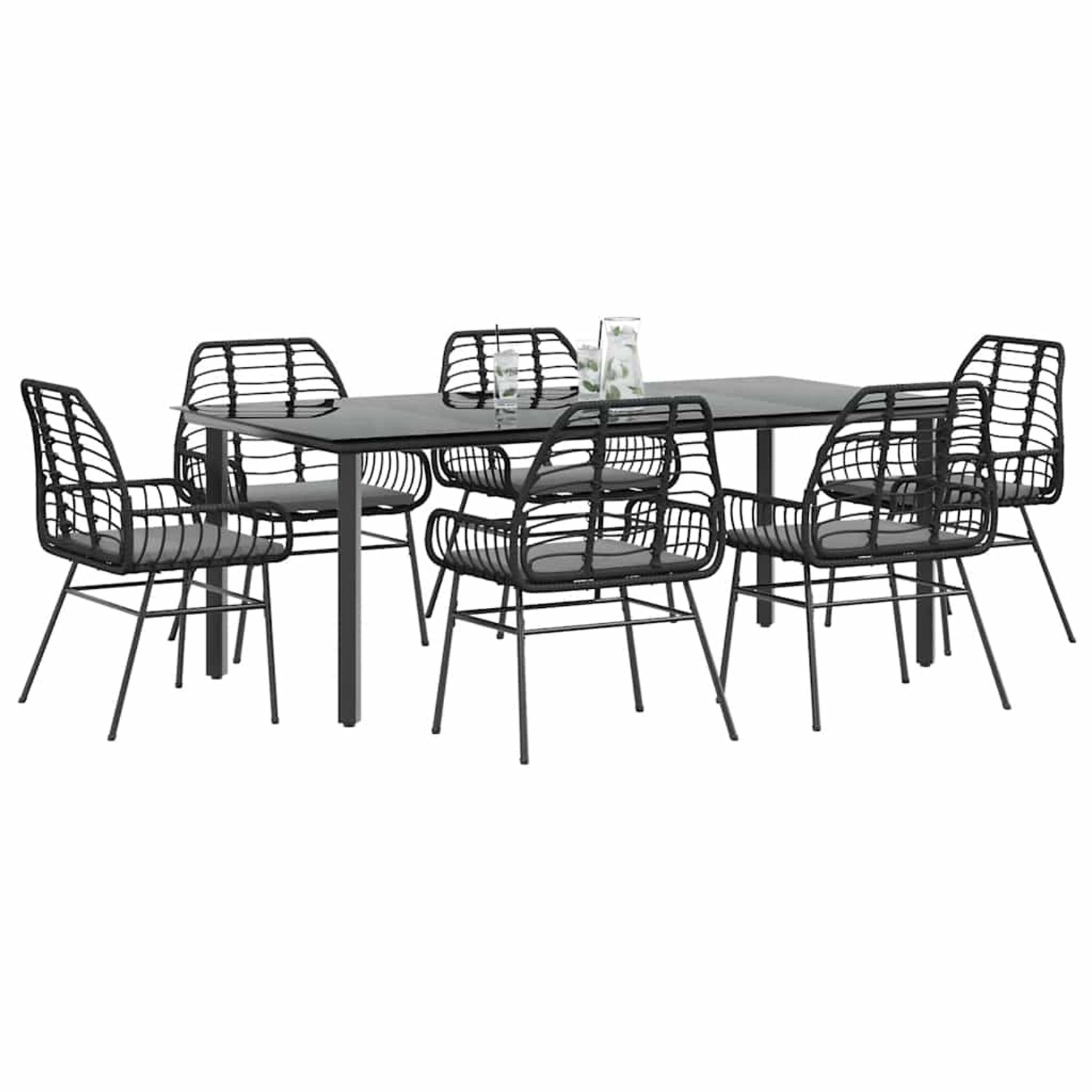 Schwarze 7-tlg. Garten-Essgruppe: Tisch mit Glasplatte, 6 Rattan-Stühle mit Kissen. Ideal für Garten & Terrasse.