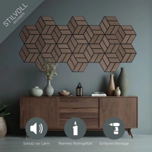 Homestyle4u Akustikpaneele, braun, Hexagon-Holzoptik, an Wand montiert. Verbessert Raumakustik und Design.