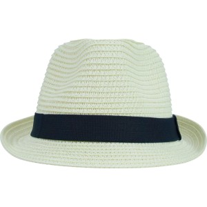 Weiß-blauer Strohhut für Jungs, Fedora-Form mit dunkelblauem Band. Maritimer Sonnenhut Gr. 53-54.