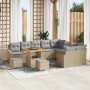 Beiges 12-teiliges vidaXL Garten-Sofa-Set aus Poly Rattan mit Tisch und Kissen.