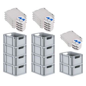 PROREGAL Spar Set: 10 graue Euroboxen mit Scharnierdeckel, 20 Liter, für Lagerung & Transport.